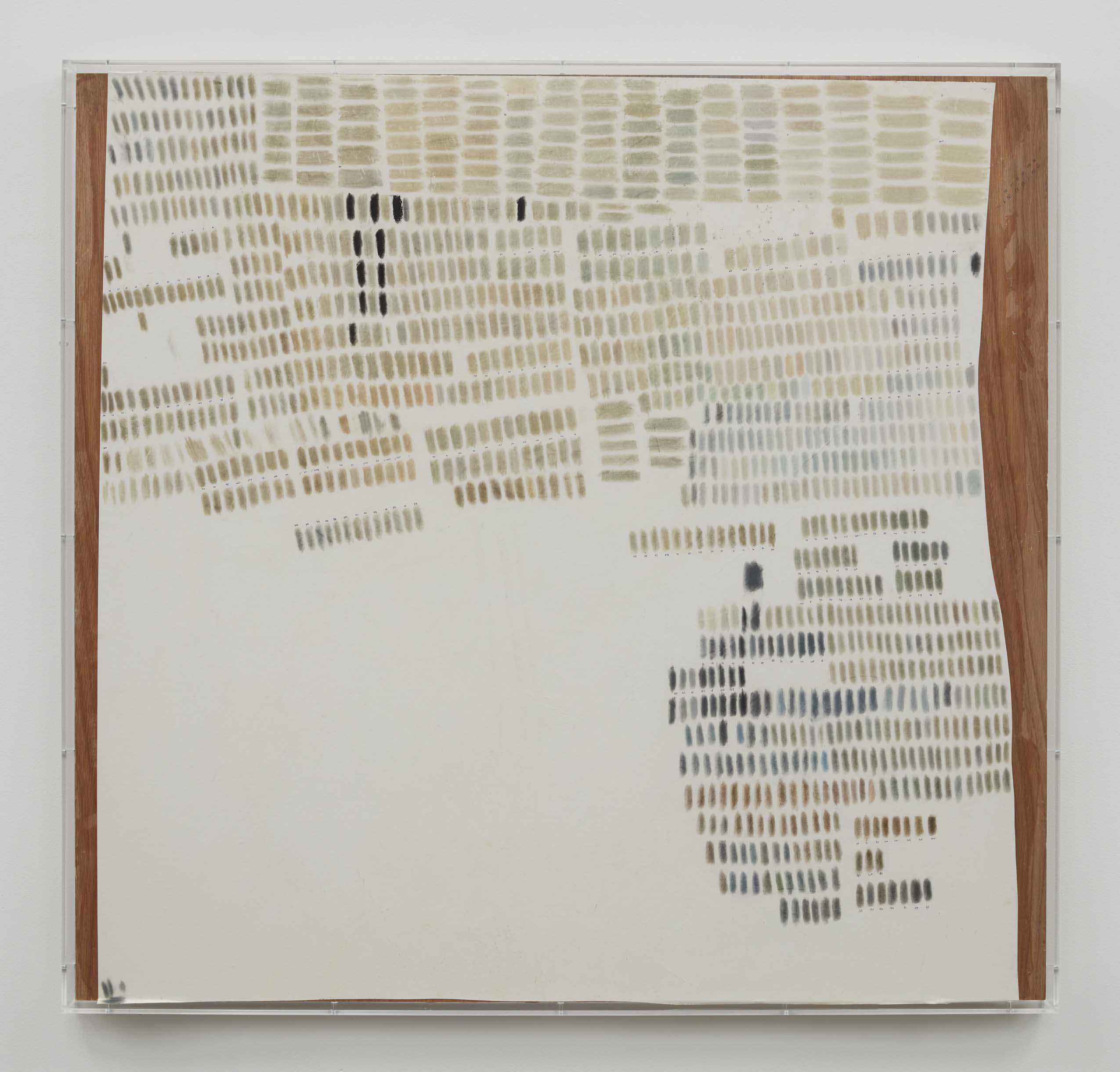 Elise Nguyen Quoc, <i>Untitled (Drawing)</i>, 2025. Pigment on paper mounted on wood panel, in plexibox, 46 1/2 x 49 x 2 1/4 in (118.1 x 124.5 x 5.7 cm)